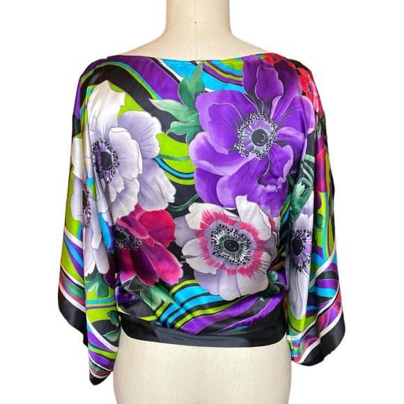 100% Silk Caché Kimono Blouse Bright Colorful Floral Pattern Side Tie Sz Small - Picture 3 of 9